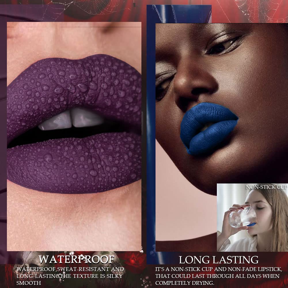 evpct 3 lápices labiales líquidos mate azul oscuro, negro, morado, mate, brillo de labios, juegos de maquillaje a prueba de manchas, cara de cráneo,