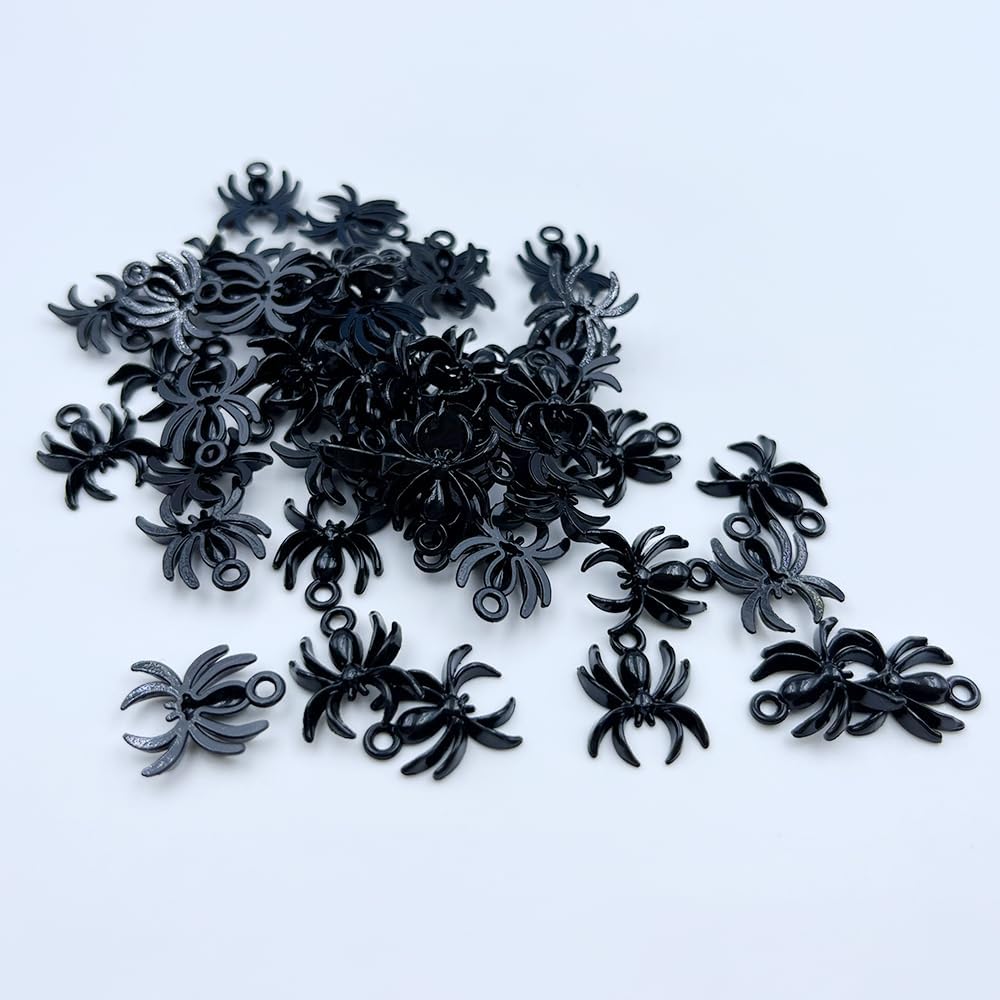 50 cuentas de araña, cuentas de araña de Halloween, aleación de araña negra gótica, cuentas de animales de metal plano para hacer joyas, llavero,
