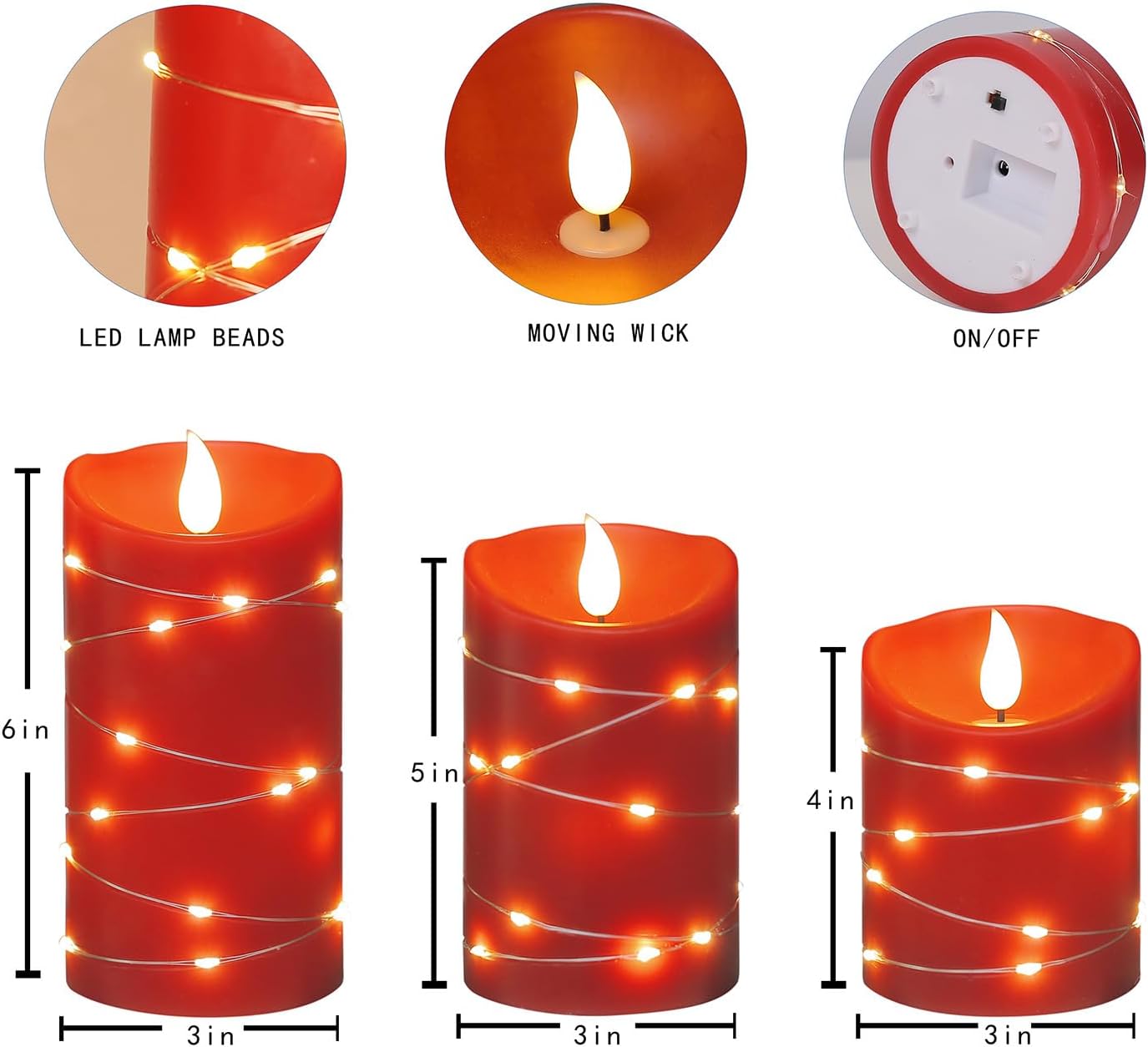 Vela sin llama recargable con cadena de velas LED con fuente de alimentación USB, control remoto, vela electrónica, luz intermitente, juego de 3