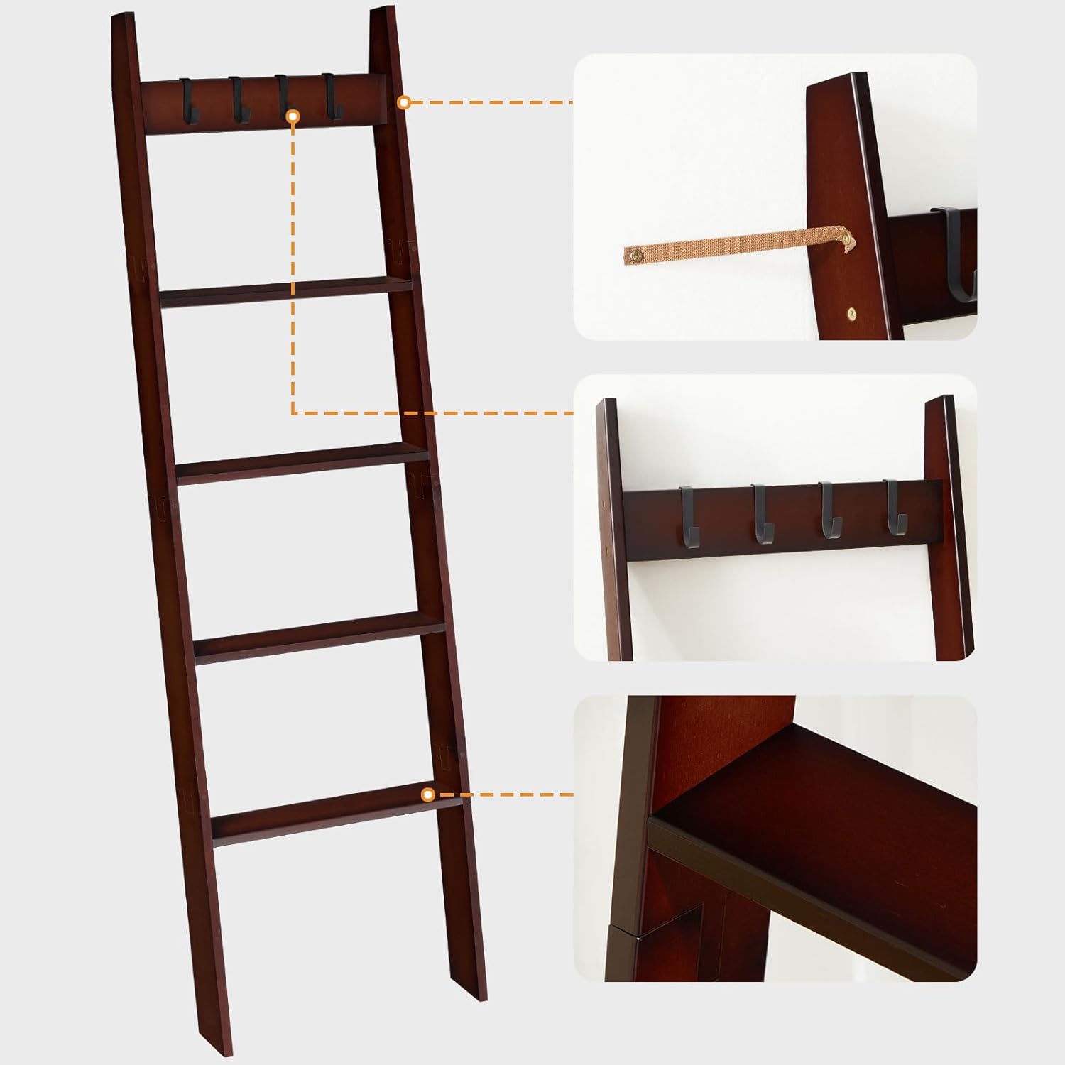Escalera para manta para sala de estar y dormitorio, toallero de pared de 5 niveles para baño, estante decorativo de escalera con 4 ganchos