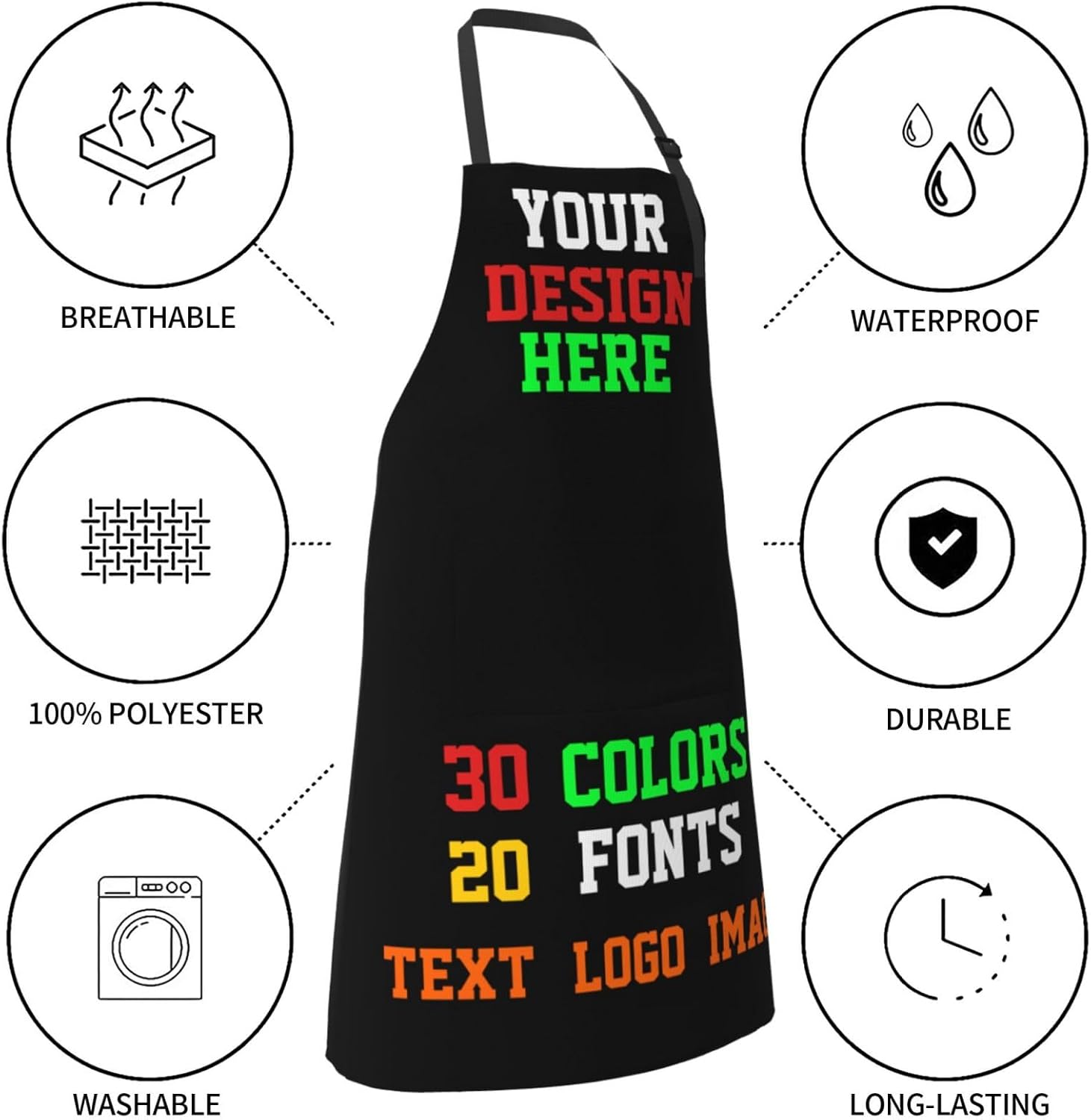 Delantal personalizado con 2 bolsillos, delantales personalizados impermeables para añadir tu imagen de texto para cocinar, barbacoa, cocina, asar a