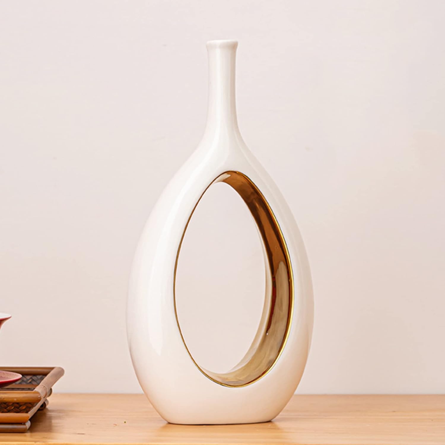 White Ceramic Vase Set 2 for Modern Home Decor, Hollow Round Flower Vases for Decor, Donut Vase, Pampas Grass Vase, Minimalism Decor for Wedding