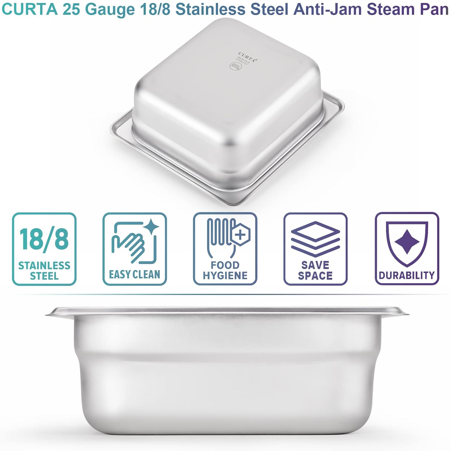CURTA Paquete de 6 sartenes de hotel antiatascos, tamaño 16 de 2 12 pulgadas de profundidad, bandeja de acero inoxidable 188 comercial NSF para mesa