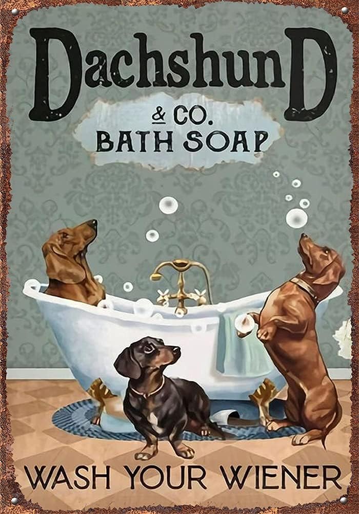 Snowsun Letrero de metal con texto en inglés “Dachshund Bath Soap Wash Your Weiner”, letrero de hojalata vintage, letrero retro de aluminio para