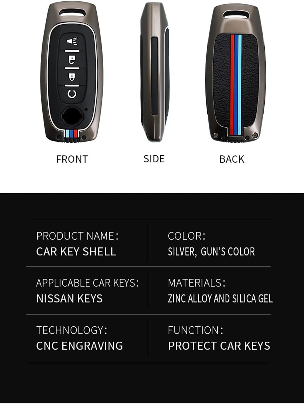 ontto Funda para llave de automóvil de 4 botones, funda inteligente para llave de metal, guante, protector completo para Nissan X-Trial Kicks Rouge
