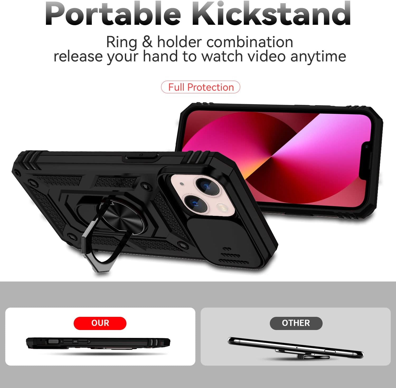 YZOK Funda para iPhone 13, con cubierta para lente de cámara, protector de pantalla HD, grado militar anillo de montaje en coche con soporte híbrido