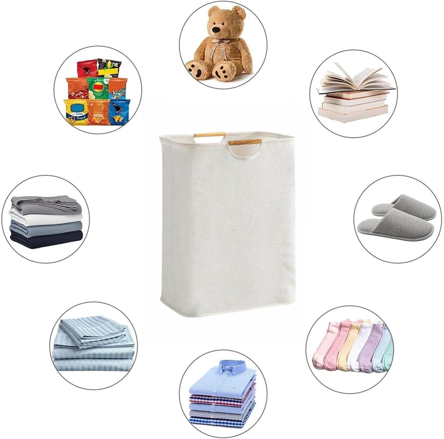 Cesta de lavandería impermeable de 100 L, cesta de lavandería extragrande con mango de madera, cesta de almacenamiento de ropa plegable para