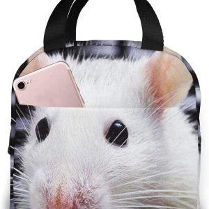 Adorable bolsa de almuerzo aislada con rata blanca para mujeres y hombres, bolsa de almuerzo reutilizable con bolsillo frontal Adorable bolsa de almuerzo aislada con rata blanca para mujeres y hombres, bolsa de almuerzo reutilizable con bolsillo frontal