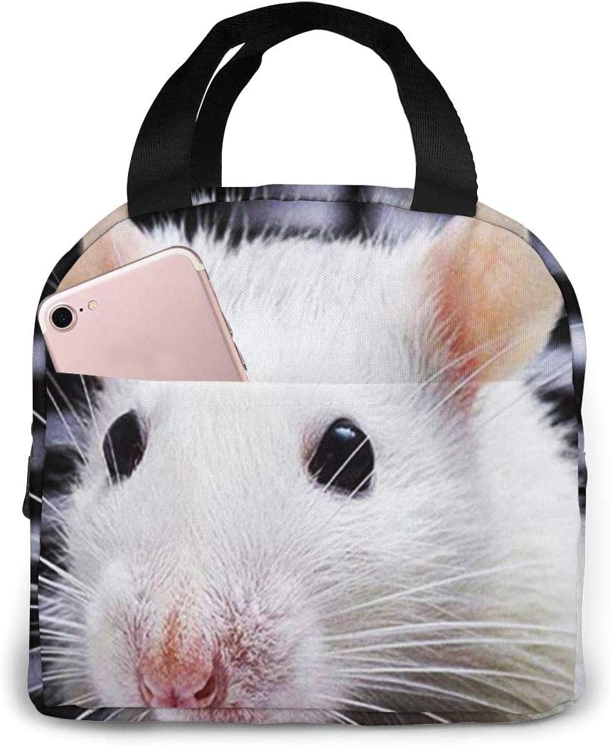 Adorable bolsa de almuerzo aislada con rata blanca para mujeres y hombres, bolsa de almuerzo reutilizable con bolsillo frontal