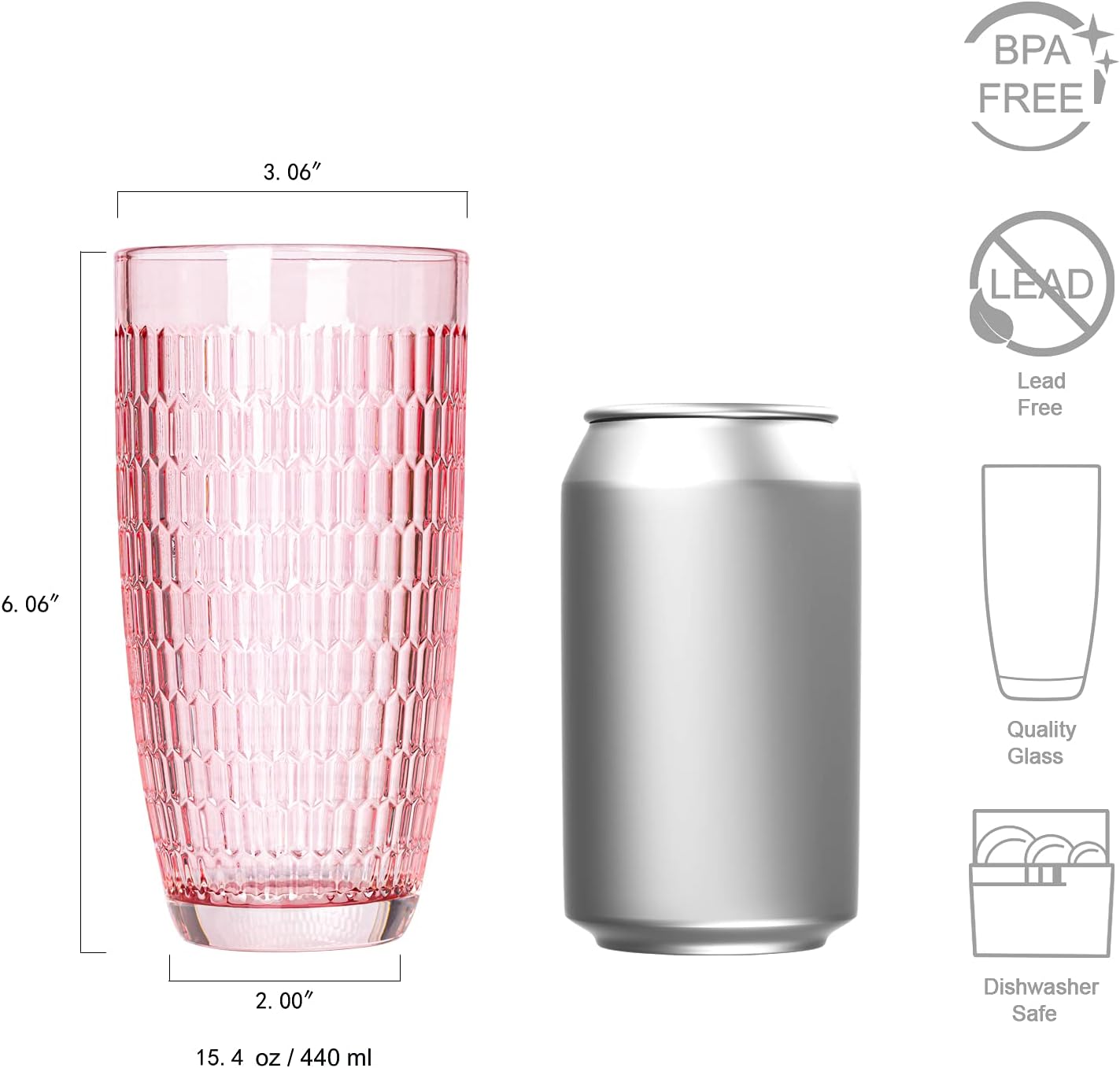 CREATIVELAND Highball – Juego de 6 vasos de bebida románticos de color rosa, base gruesa y pesada, gran capacidad, 14.87 onzas, vasos de vidrio para