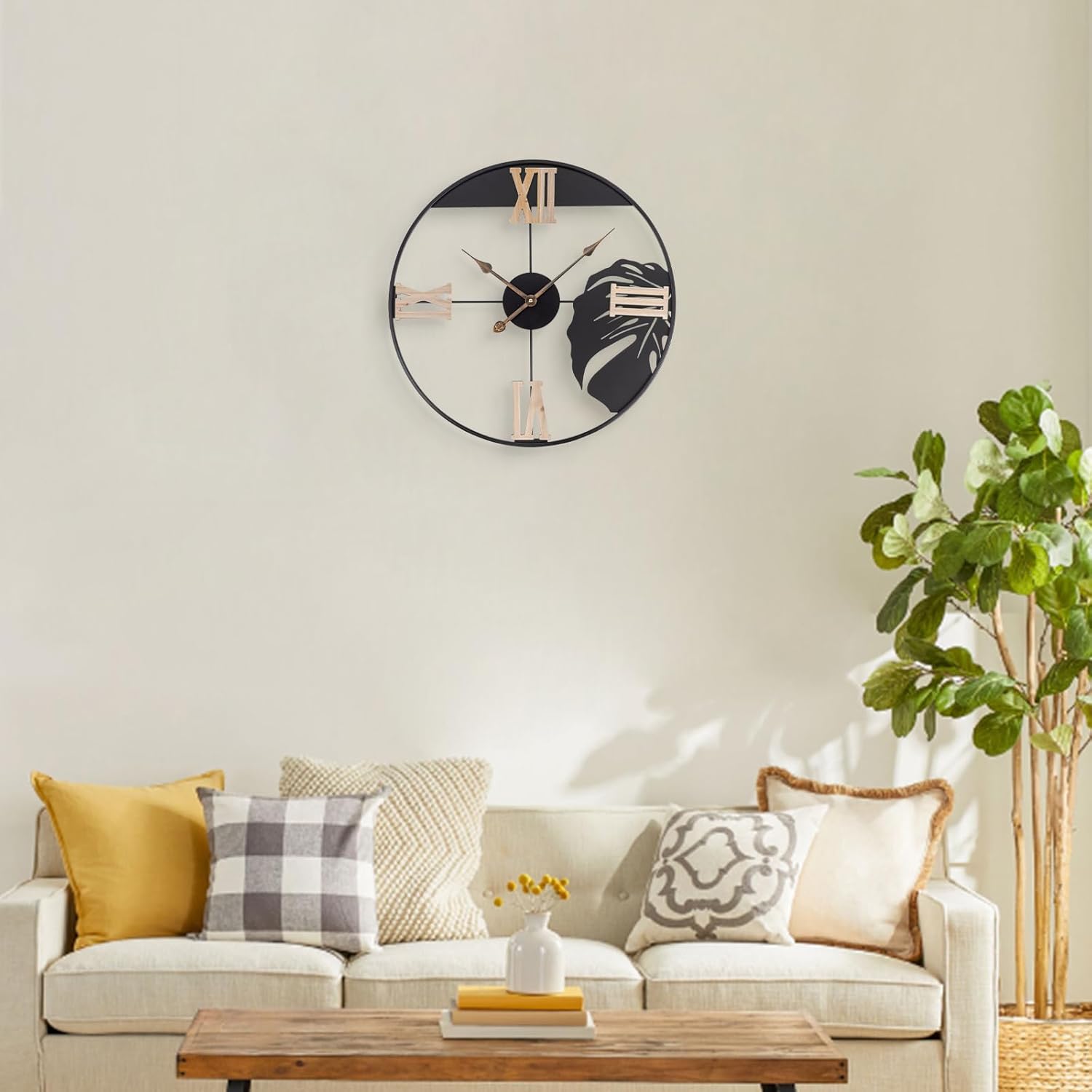 Reloj de pared de hoja de metal grande, reloj de pared analógico silencioso de 24 pulgadas con números romanos de madera, reloj analógico colgante