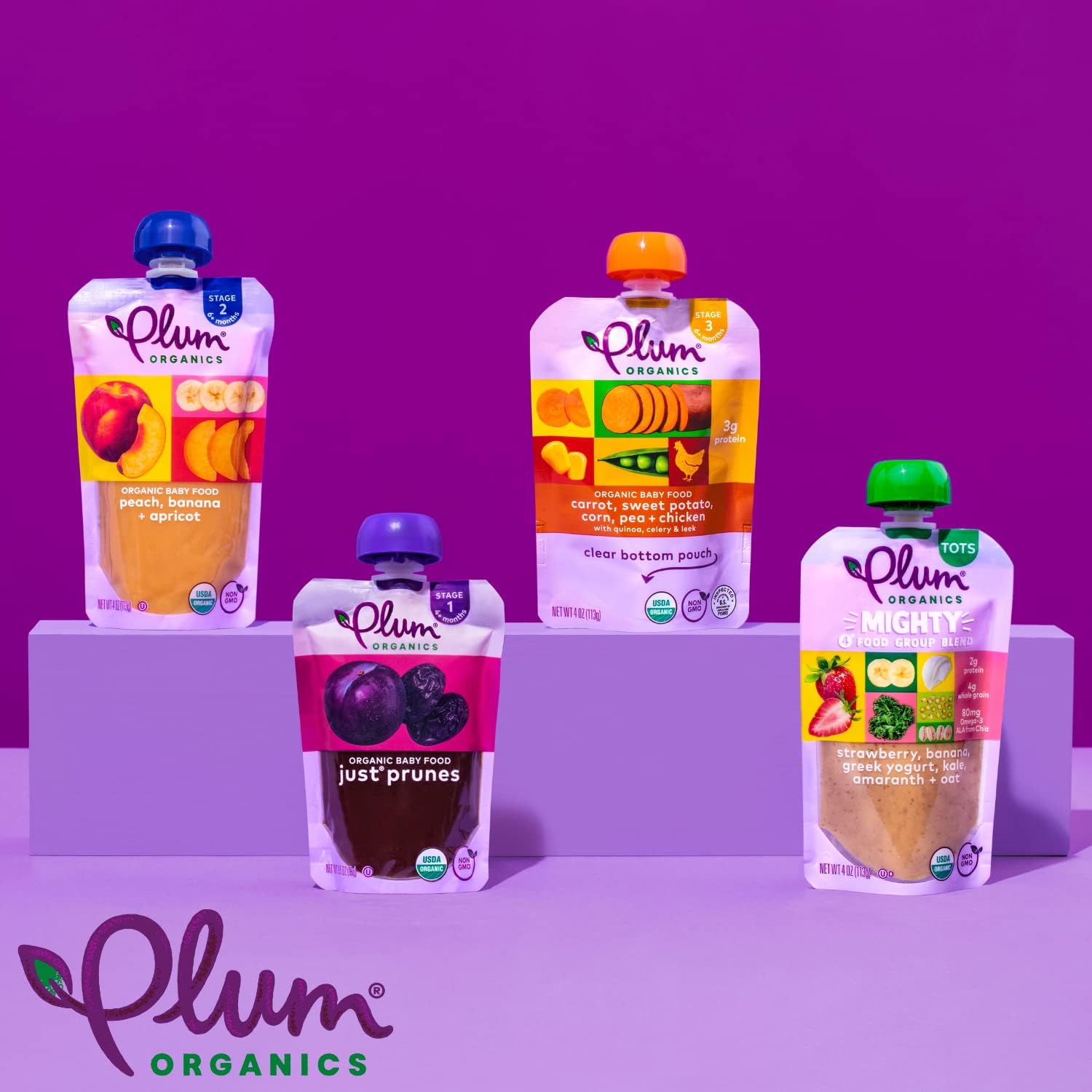 Plum Organics Alimento orgánico para bebés etapa 2 – pera, zanahoria morada y arándanos – Bolsa de 4 onzas – Bolsa orgánica de alimentos para bebés
