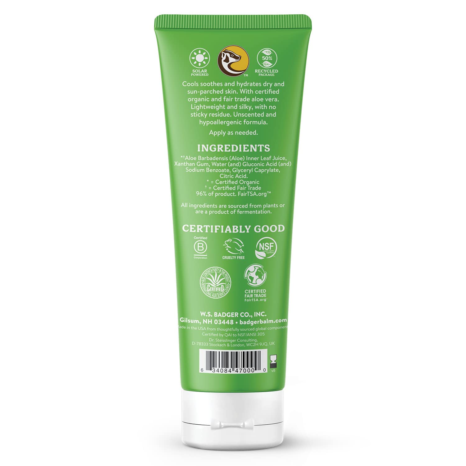 Badger Gel de aloe vera para aliviar quemaduras solares, comercio justo y cuidado orgánico después del sol, gel de aloe vera calmante puro y