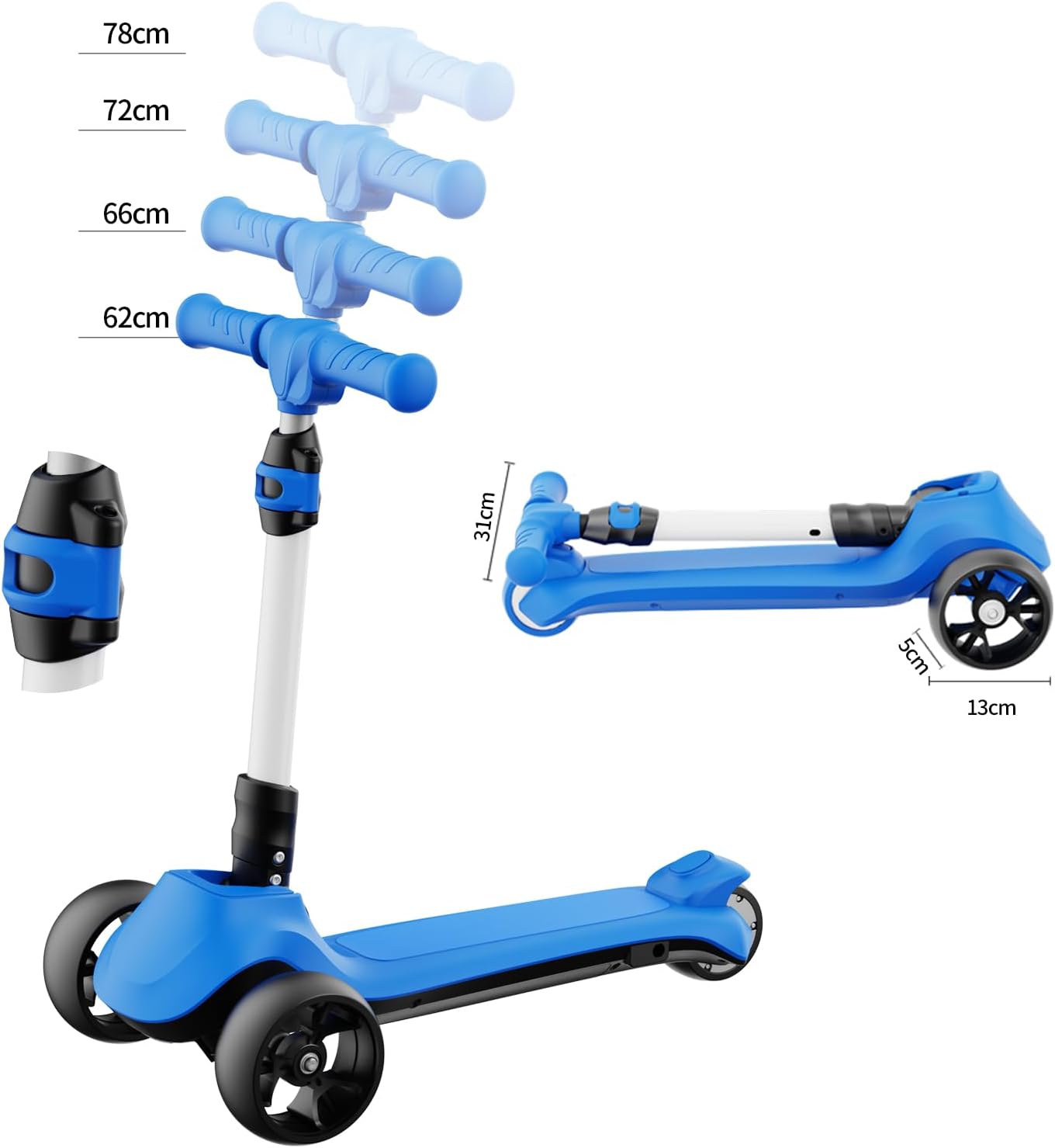 Scooter para niños, 3 alturas ajustables, mango en forma de C, diseño de dirección inclinada, scooter de 3 ruedas para niños de 3 a 12 años, los