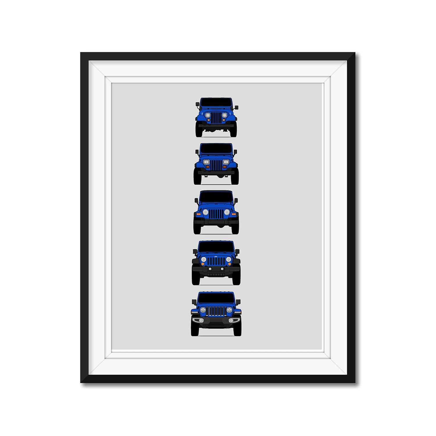 Jeep Wrangler Generations (CJ, YJ, TJ, JK, JL) Inspired Poster Print Wall Art of the History and Evolution of the Wrangler Generations (Unframed)