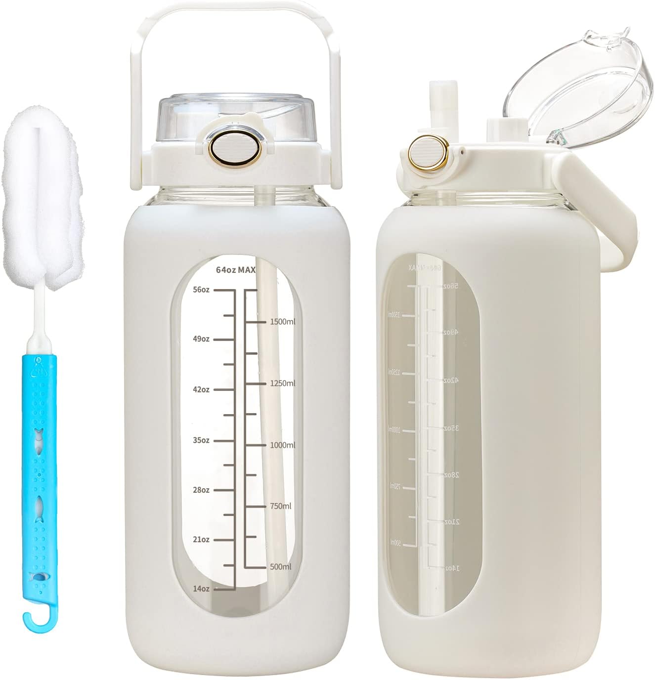 chunmo Pernos de agua de vidrio de 42 oz52 oz64 oz con pajilla, botella de agua motivacional grande de medio galón con marcador de tiempo, botellas