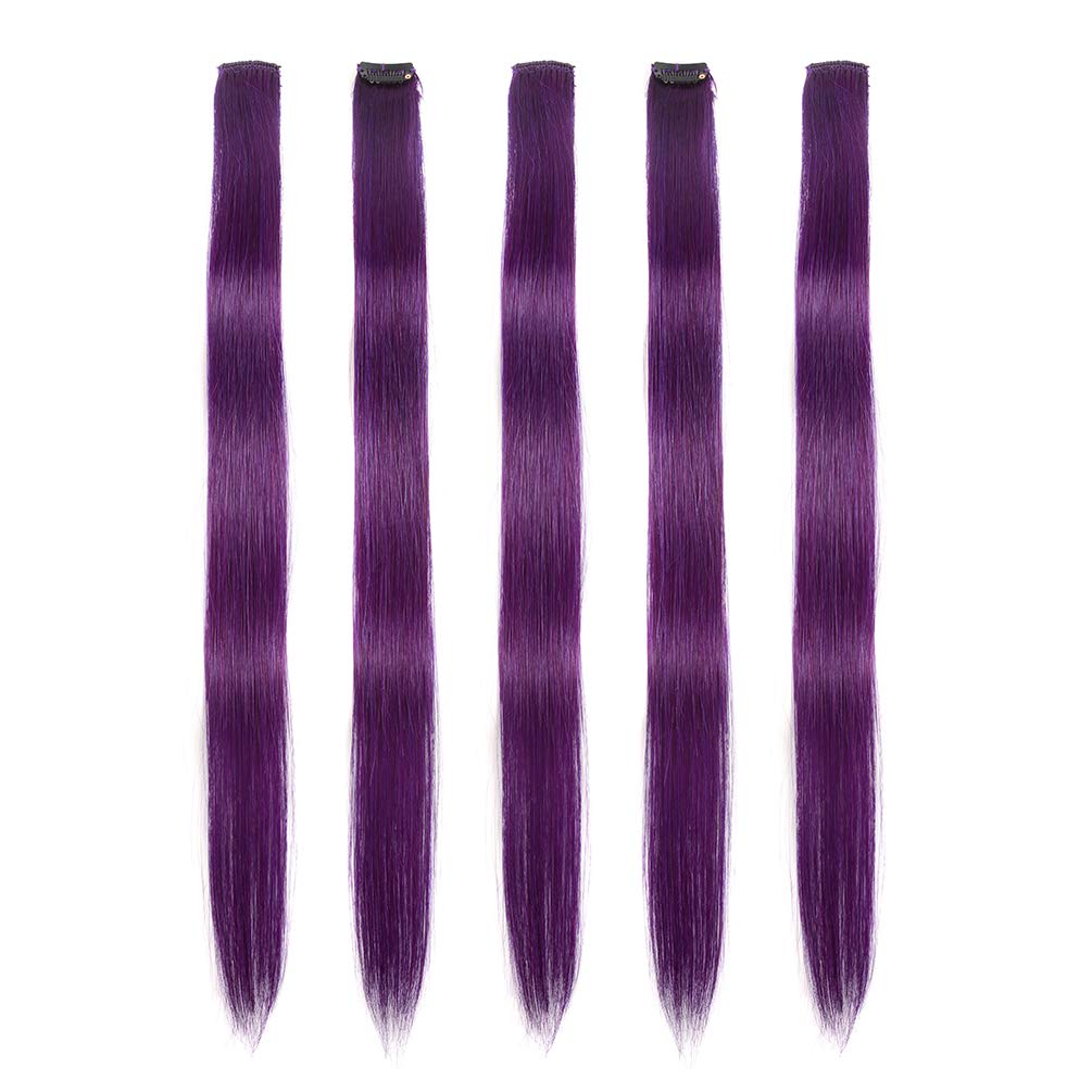 Winsky Extensiones de cabello morado con clip  100% cabello humano real de color para niñas, piezas de cabello de Halloween, 5 piezasjuego (18