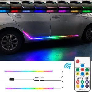 JSCARLIFE Luces RGB para estribo, tira de luz LED para automóvil, faldas de puerta lateral exterior, iluminación ambiental, luces de neón remotas JSCARLIFE Luces RGB para estribo, tira de luz LED para automóvil, faldas de puerta lateral exterior, iluminación ambiental, luces de neón remotas