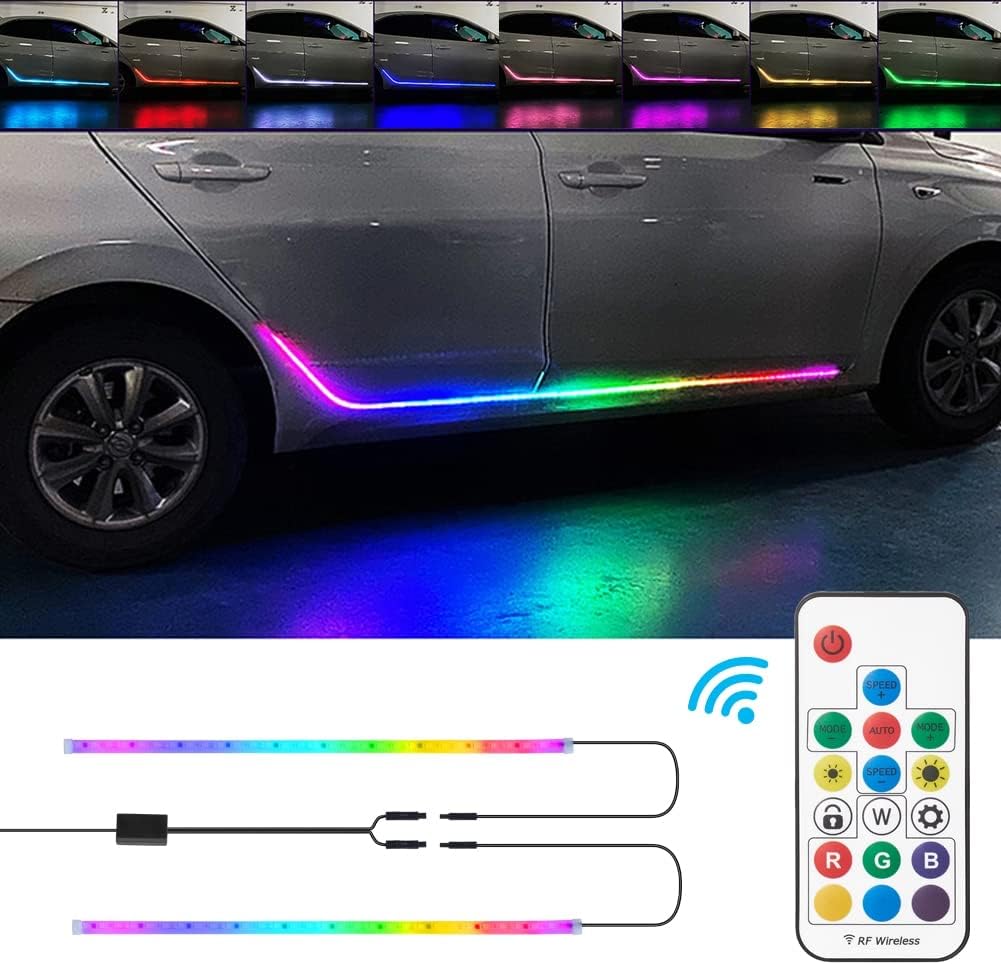JSCARLIFE Luces RGB para estribo, tira de luz LED para automóvil, faldas de puerta lateral exterior, iluminación ambiental, luces de neón remotas