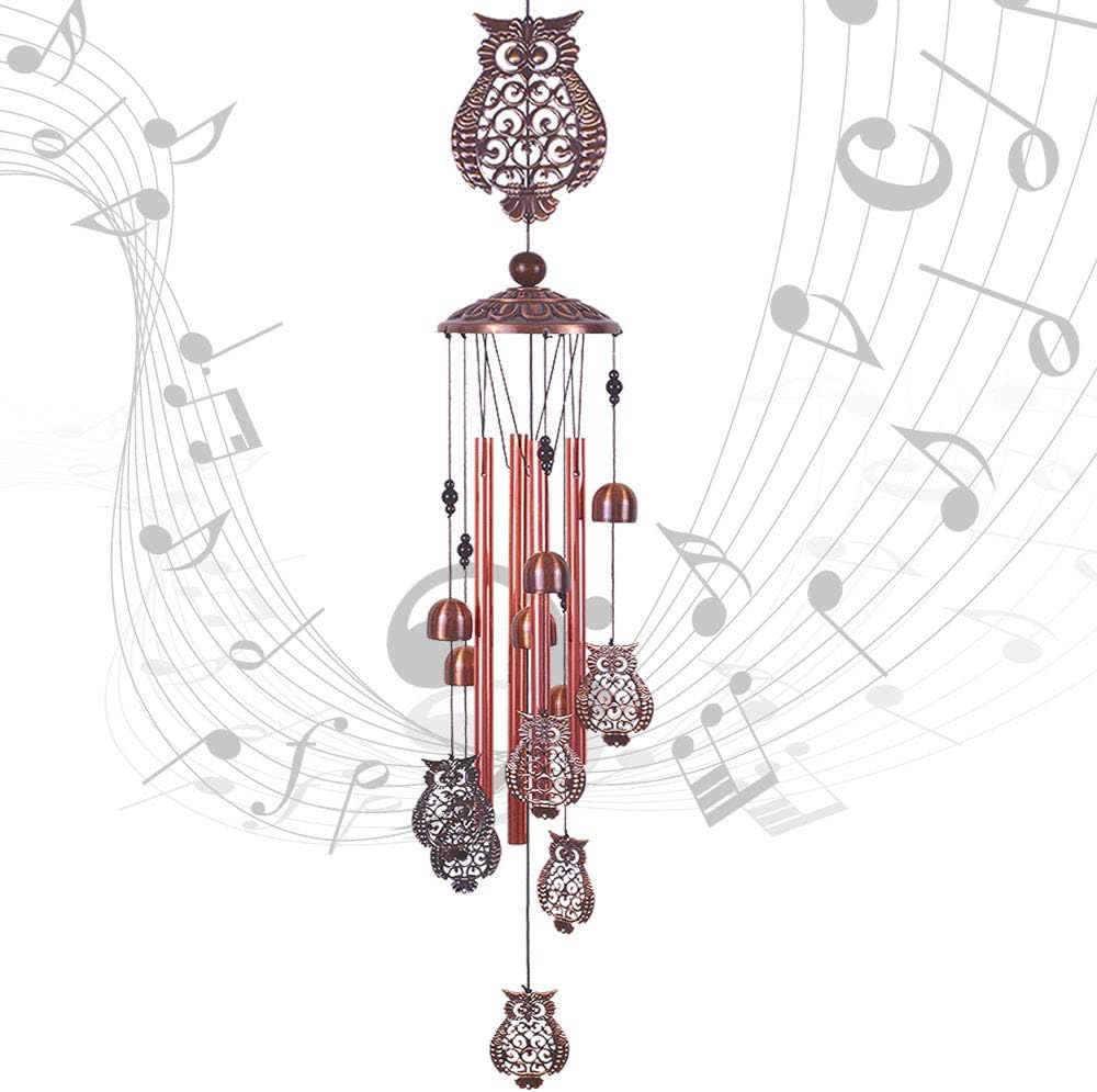Campanillas de viento de búho para decoración de interiores y exteriores, con 4 tubos de aluminio, 6 campanas, 7 búhos, 37 pulgadas, impermeables,