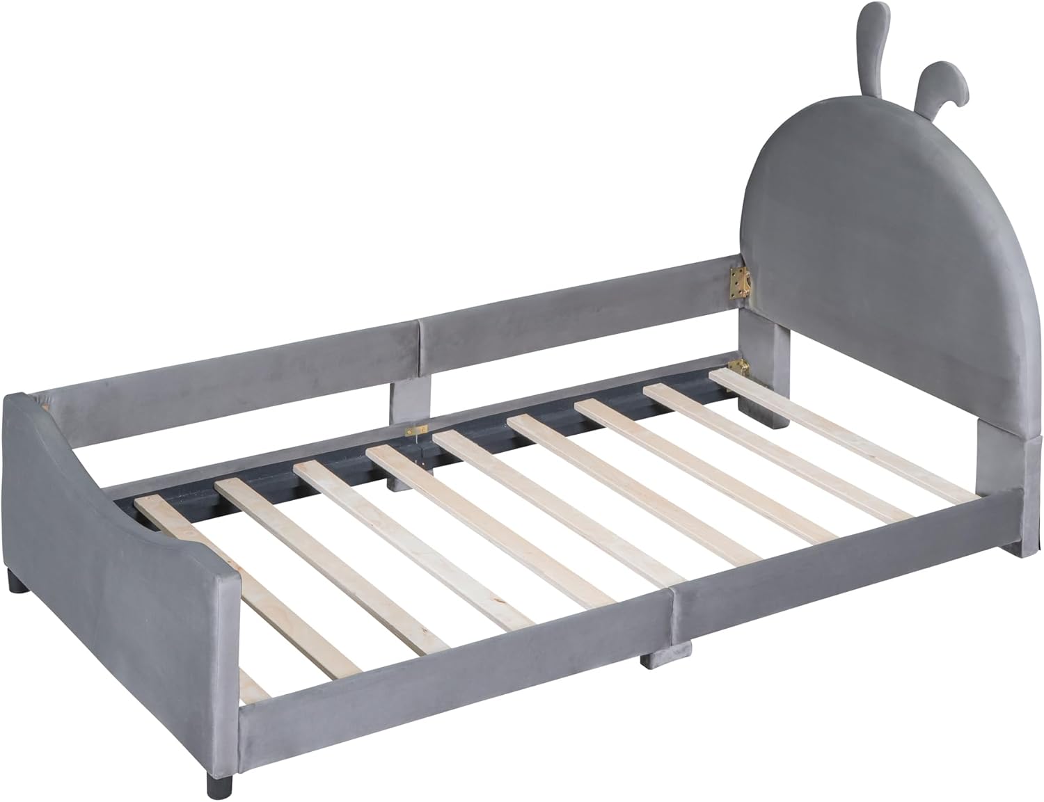 Cama tapizada de tamaño individual con cabecera en forma de conejo, marco de cama de plataforma baja con rieles, sofá cama de terciopelo con soporte