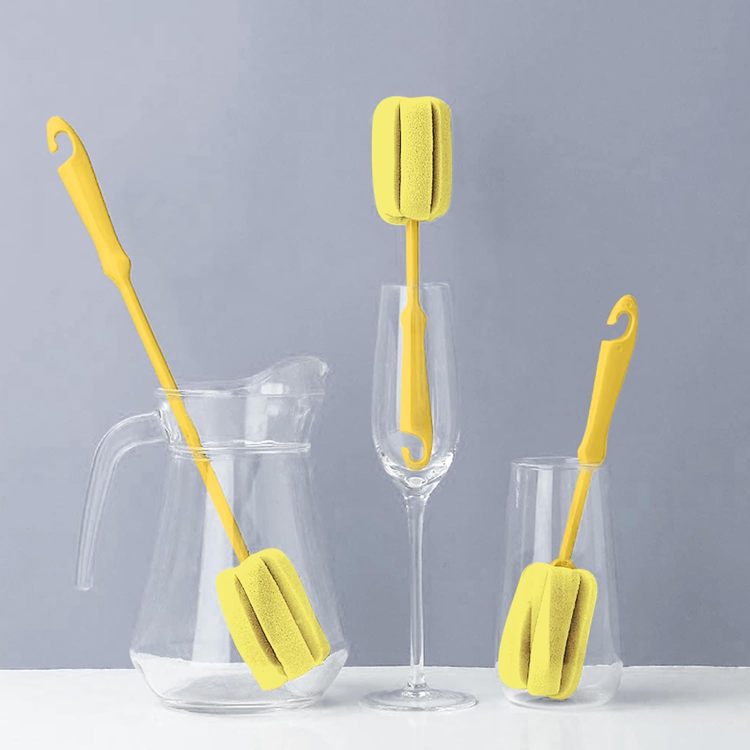 Cepillo de limpieza de botellas de esponja suave amarillo con mango de plástico, cepillo de vasos, cepillo de lavado, florero, botella y olla