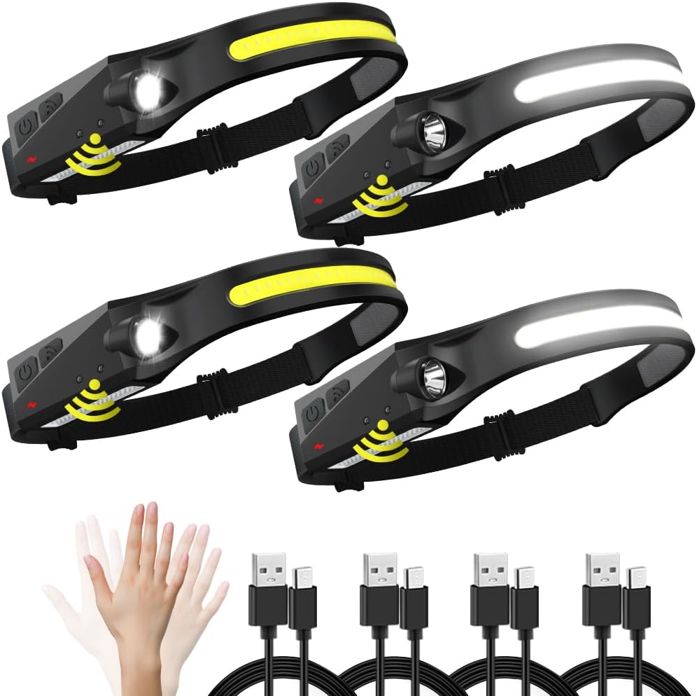 Paquete de 4 faros delanteros recargables, LED con sensor de movimiento, faros delanteros de 5 modos para adultos, faro de haz ancho COB de 230,