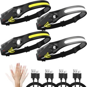 Paquete de 4 faros delanteros recargables, LED con sensor de movimiento, faros delanteros de 5 modos para adultos, faro de haz ancho COB de 230, Paquete de 4 faros delanteros recargables, LED con sensor de movimiento, faros delanteros de 5 modos para adultos, faro de haz ancho COB de 230,