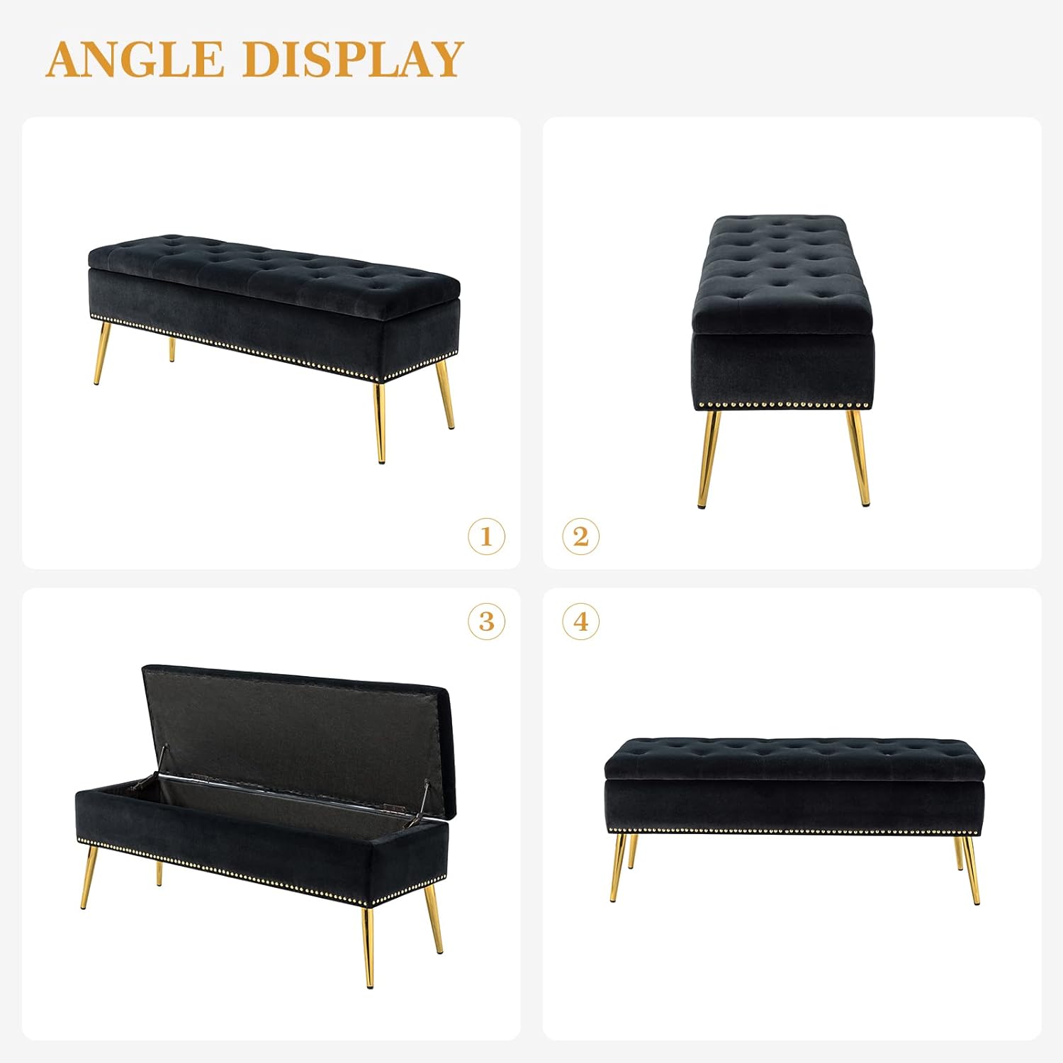 HULALA HOME Moderno banco otomano de almacenamiento de terciopelo con base dorada y borde de cabeza de clavos, banco tapizado para dormitorio para