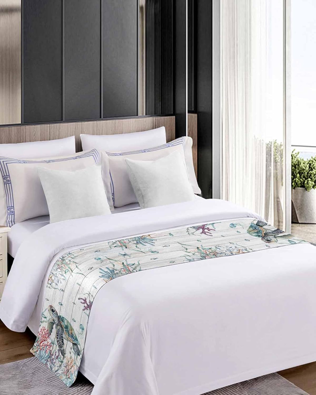Camino de cama para cama tamaño Queen, manta de tortuga marina para pie de cama, manta vintage de verano para playa, costera costera, coral, océano,
