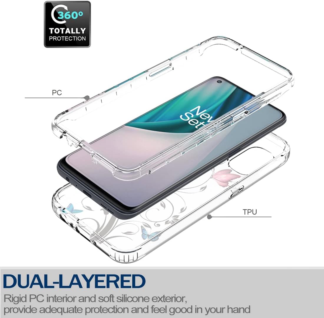 Funda para OnePlus Nord N10 5G, BE2029 con protector de pantalla de vidrio templado, carcasa rígida de diseño floral de cuerpo completo + funda de