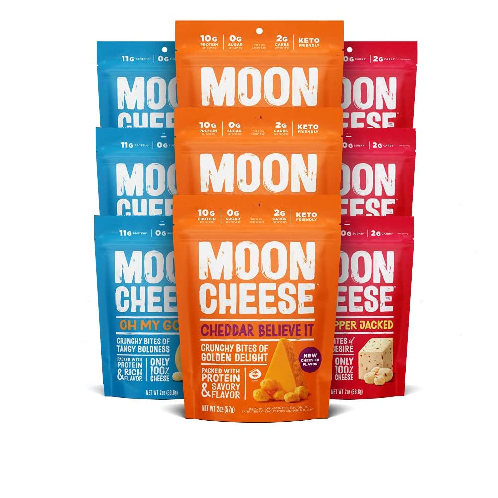 Moon Cheese Paquete variado, 2 onzas, paquete de 9, crujiente y rico en proteínas, aperitivo de queso, apto para dieta cetogénica, 100% queso real