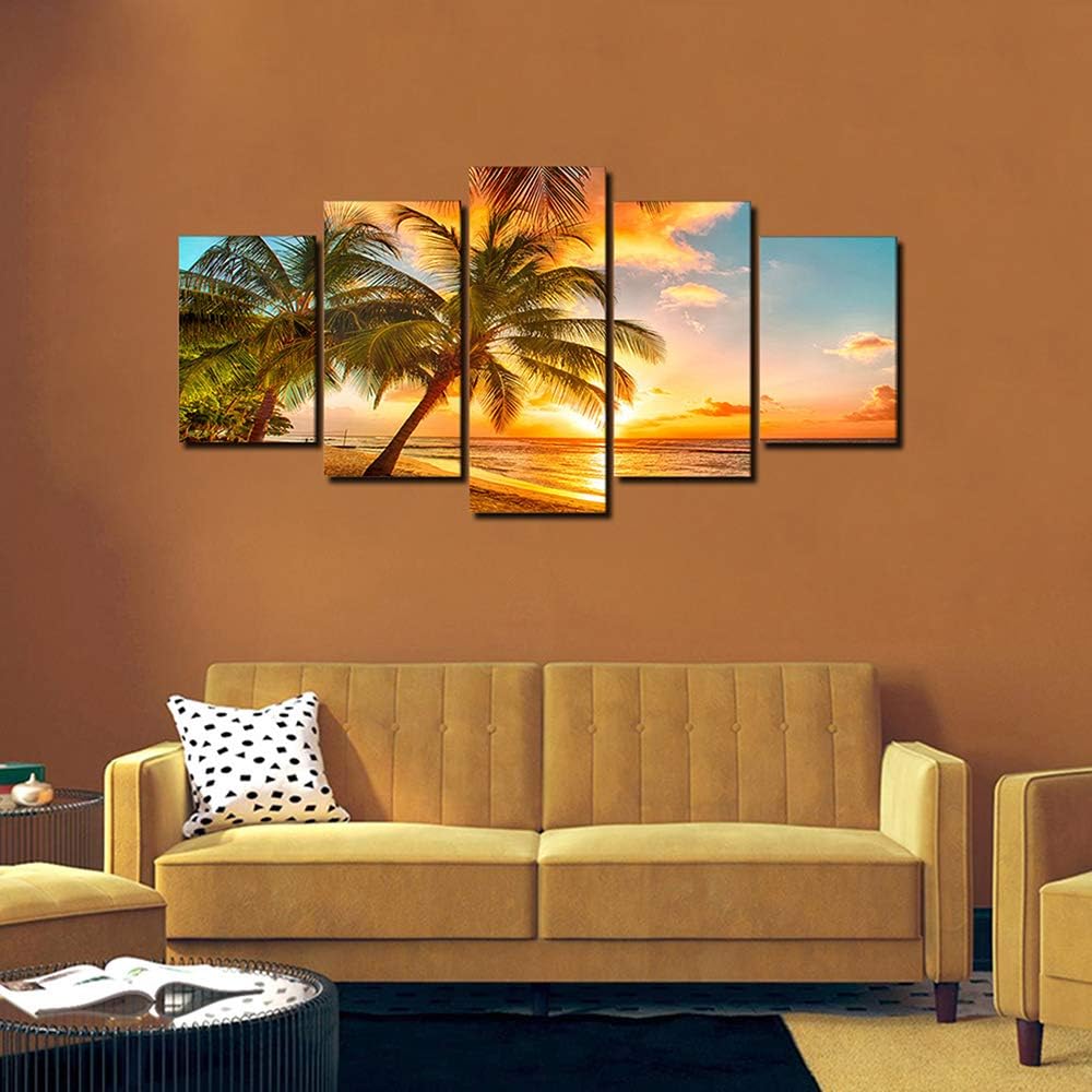 Póster de paisaje marino dorado, arte de pared de playa y océano, obra de arte acogedora de mar, puesta de sol y mar, playa, lienzo, pinturas sobre