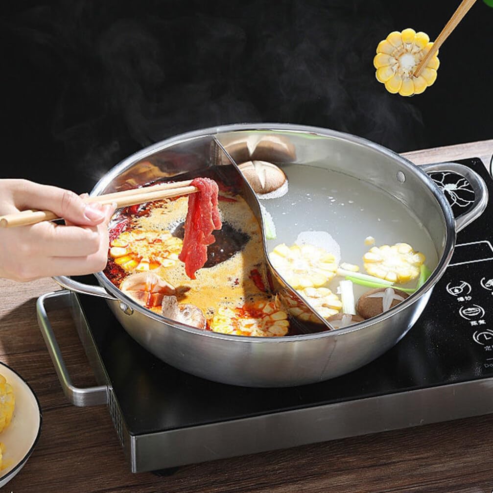Tofficu Olla caliente con divisor, olla dividida de acero inoxidable de 11 pulgadas, olla caliente olla doble para estufa de inducción de gas