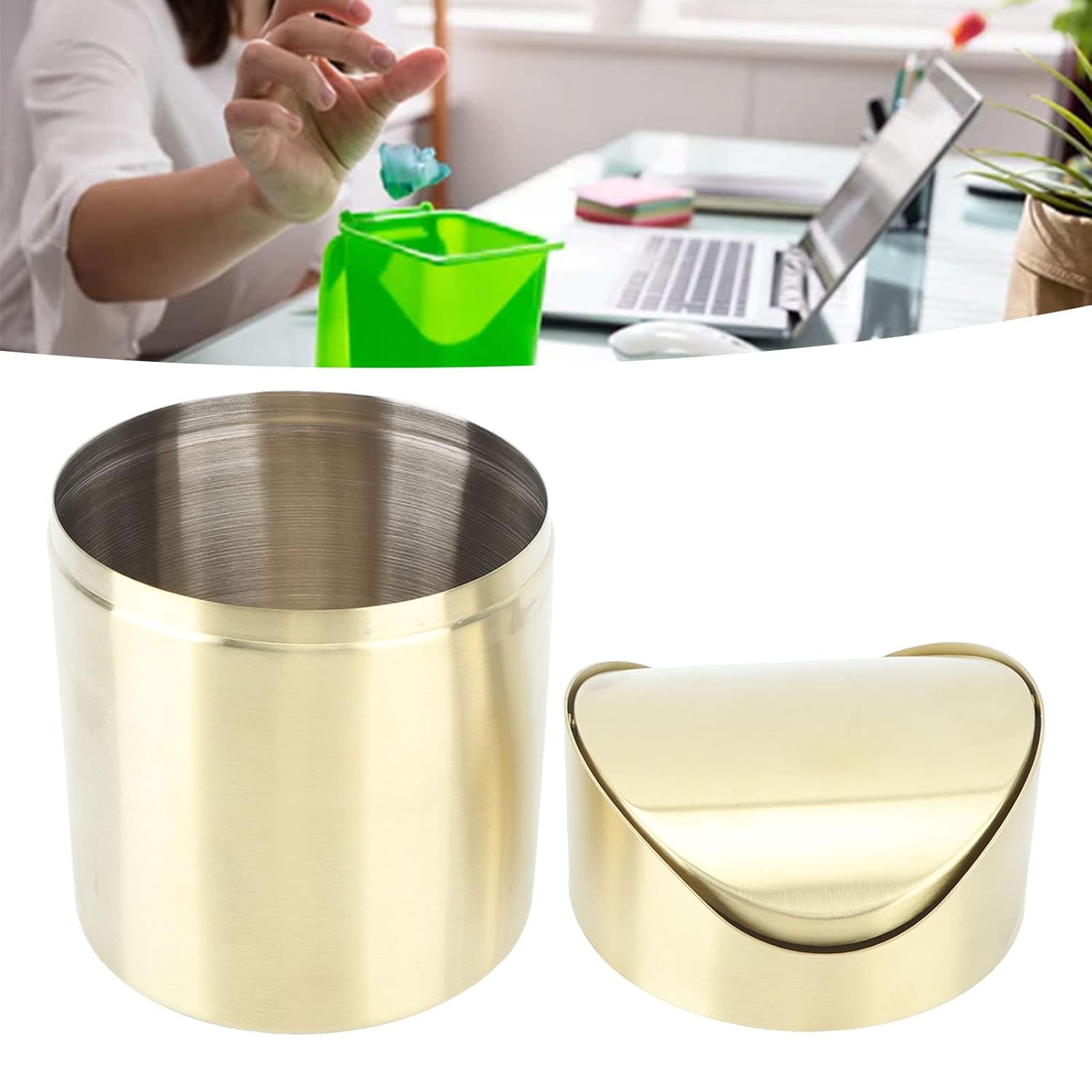 Papelera de escritorio de acero inoxidable, mini bote de basura con tapa, pequeño basurero, tapa abatible superior, papelera compacta para encimera