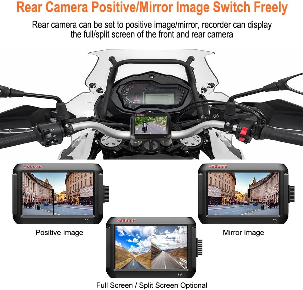 VSYSTO Cámara WiFi para salpicadero de motocicleta, sensores de presión de neumáticos, pantalla de 4 pulgadas, WDR HD 1080P, lente ojo de pez gran