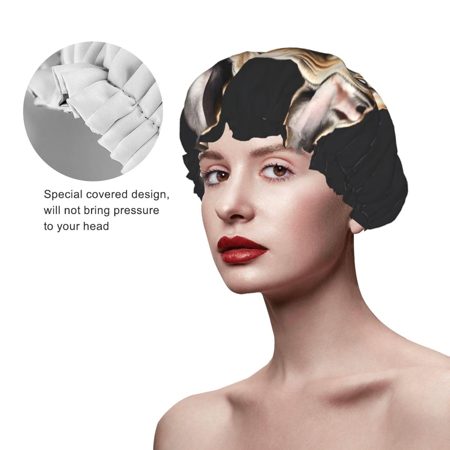 Long Ears French Bulldog Shower Cap For Women, Elastic And Reusable,Double Waterproof Layers Bathing Hat