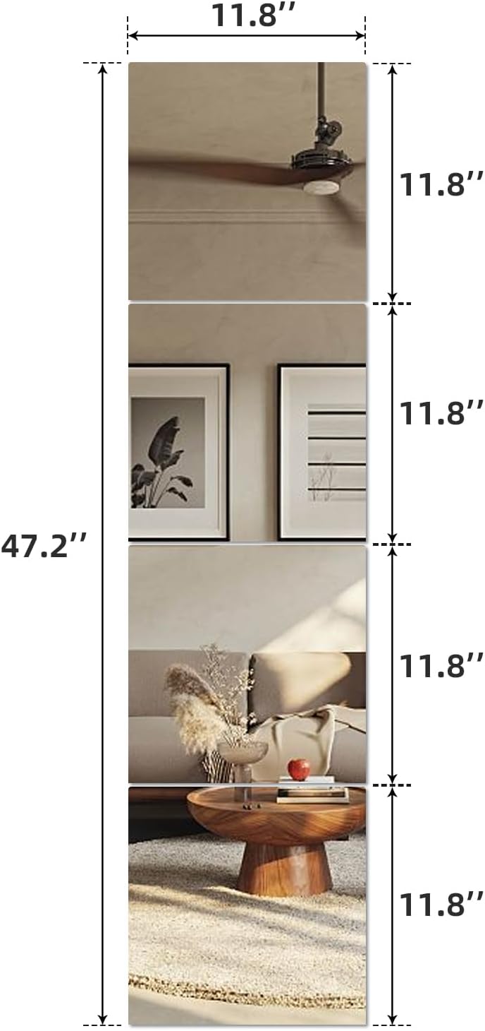 Azulejos de espejo de longitud completa (100% vidrio, 12 x 12 pulgadas x 8 unidades), espejo de cuerpo completo sin marco para el hogar, gimnasio,
