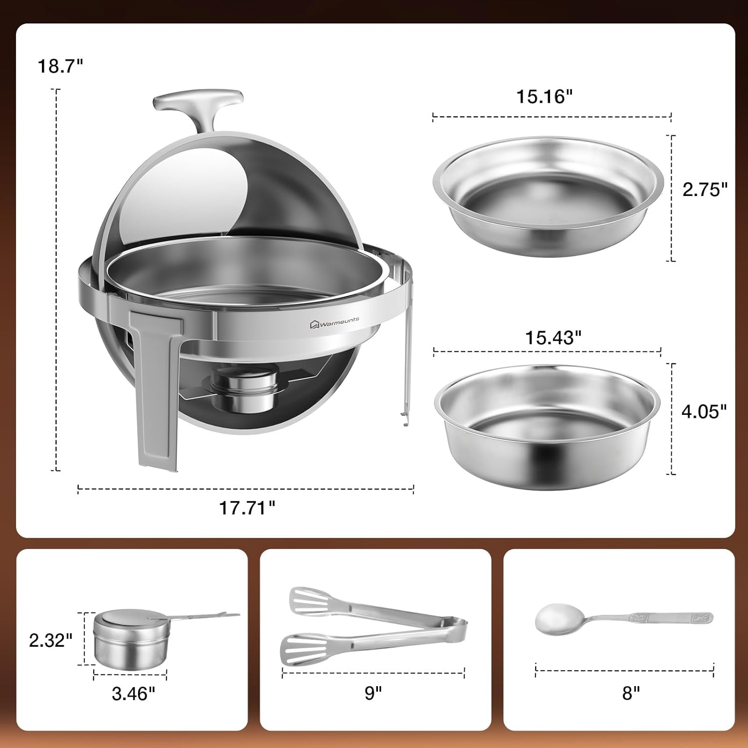 Juego de bufé de 6 cuartos de galón, platos redondos para bufé con tapa visible, utensilios de servir, chafers de acero inoxidable para catering