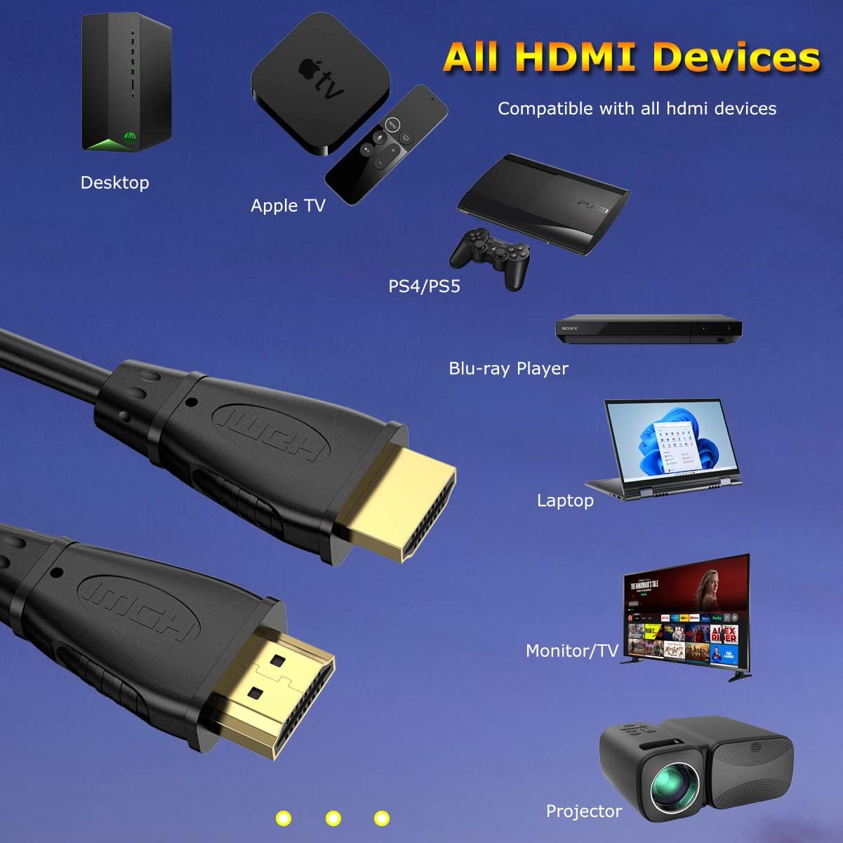 MOSIMLI Cable HDMI corto de 1 pie, paquete de 2 cables HDMI 4K UHD macho a macho adaptador para clasificación ARC y CL3  para laptop, monitor, PS5,