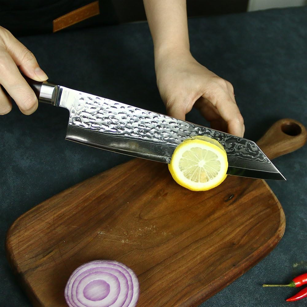 Paul Brown’s Cuchillo Kiritsuke de 8 pulgadas de acero Damasco VG10 de 67 capas con patrón de martillo forjado con mango de madera premium y madera