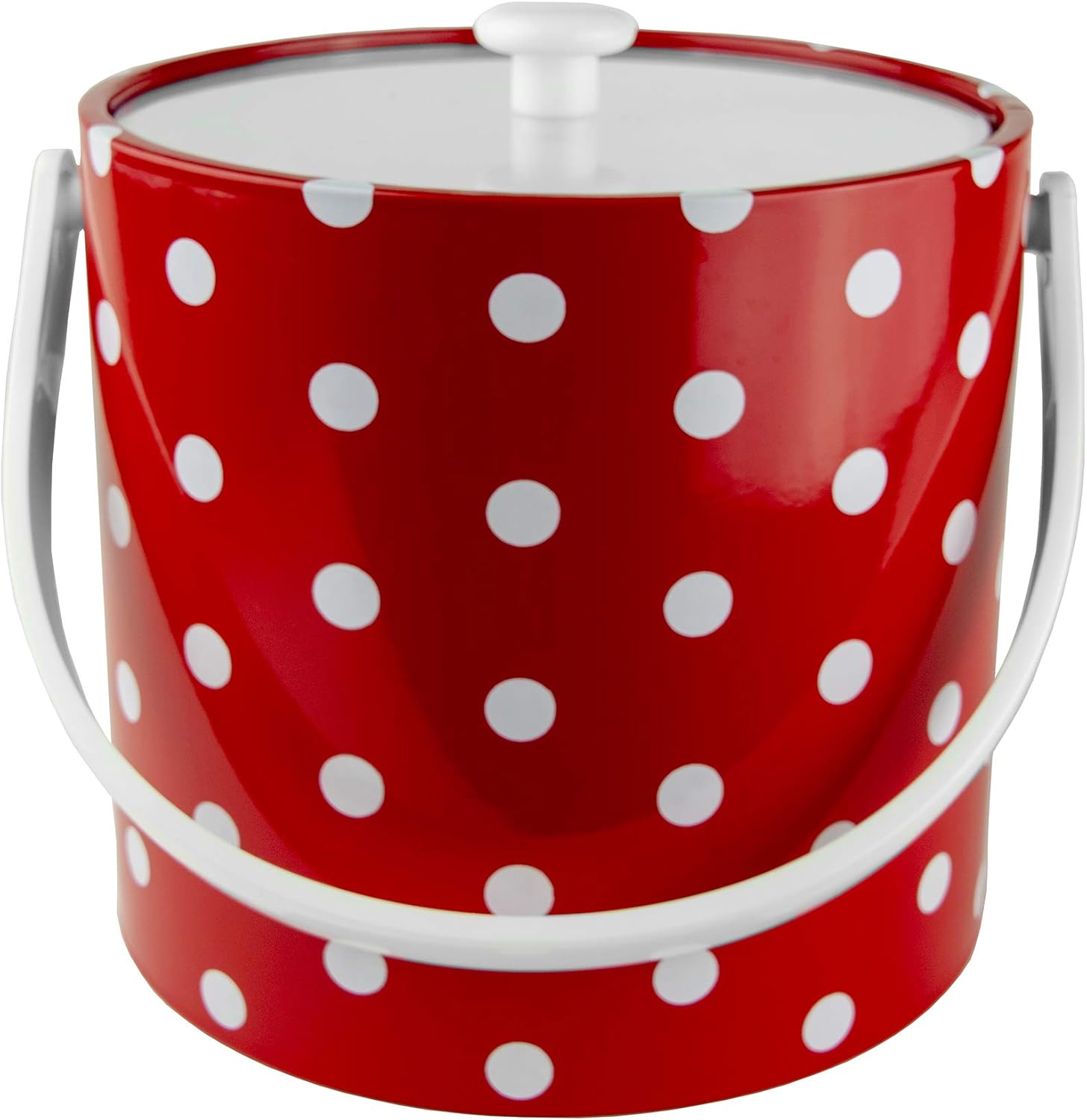Cubo de hielo aislado de 3 cuartos de galón de doble pared rojo y blanco hecho a mano en Estados Unidos con pinzas para hielo (colección de lunares)