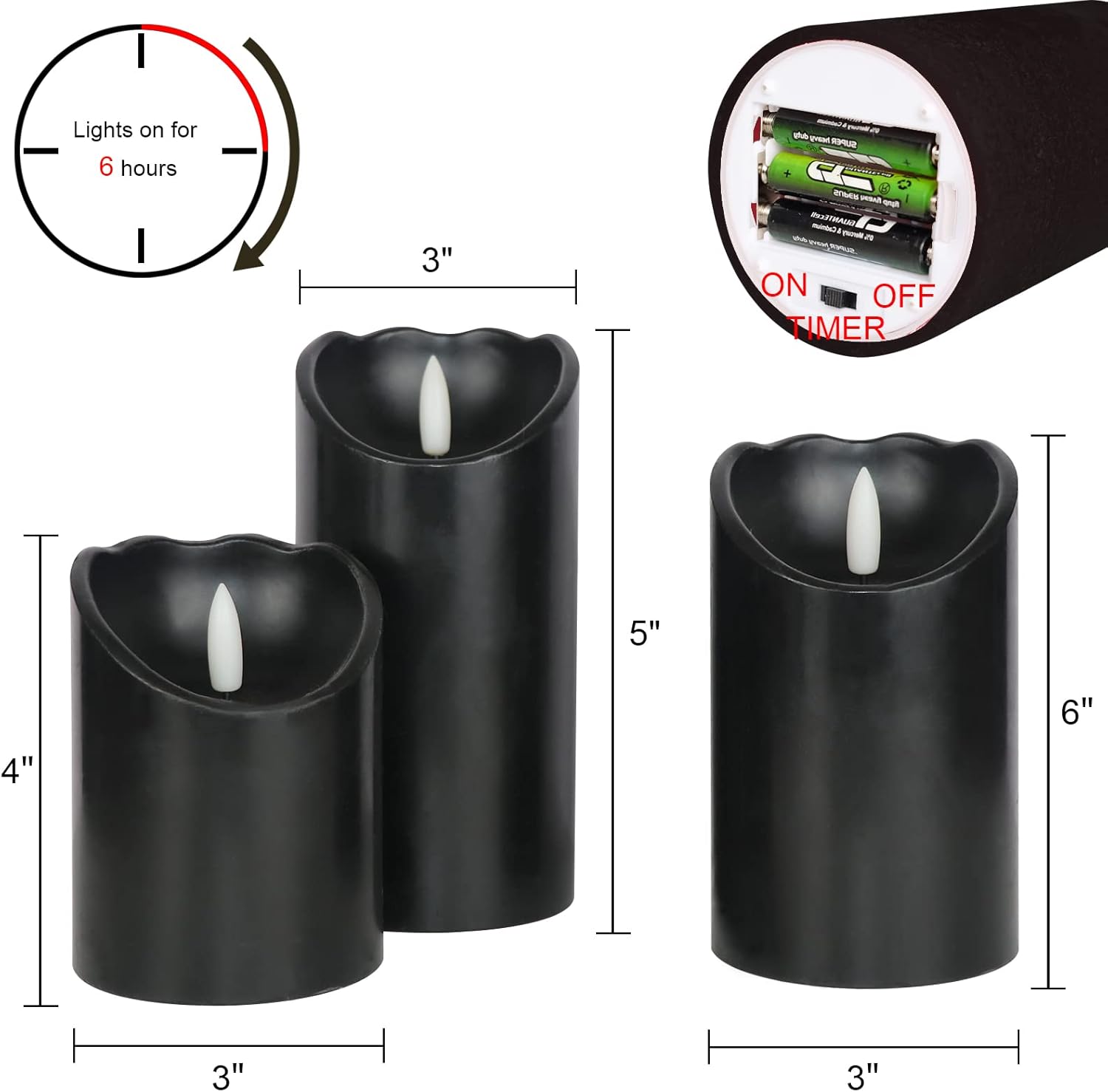 Eldnacele Velas parpadeantes sin llama de cera negra con temporizador de 6 horas, mecha 3D realista, funciona con pilas, juego de 3 velas LED para
