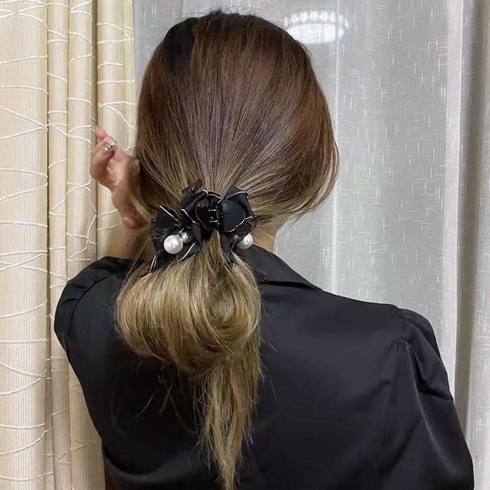 4 pinzas para el cabello con lazo y perlas, cinta blanca y negra, con lazo, pinzas para el cabello, accesorios para la cabeza para mujeres y niñas