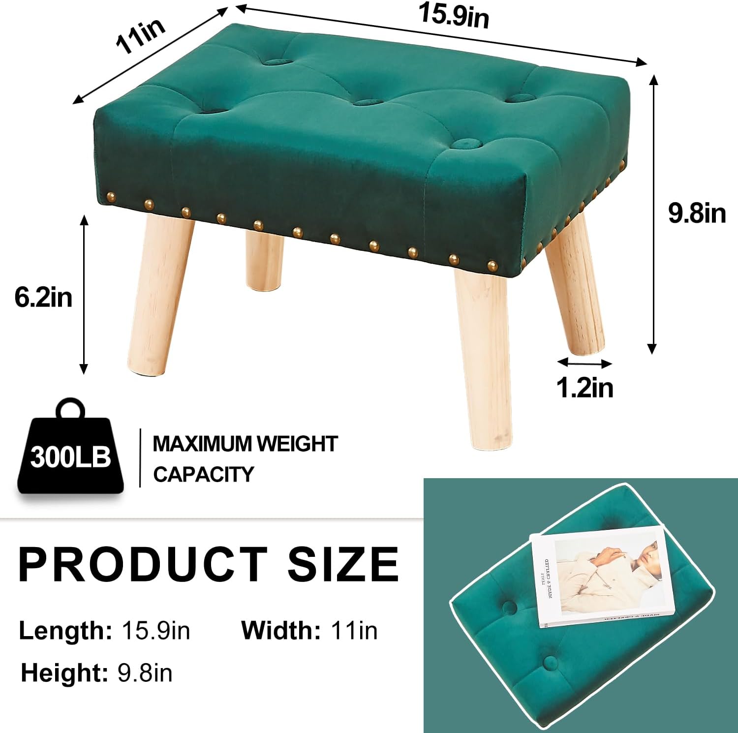Cpintltr Reposapiés pequeño otomano, otomano suave remachado de terciopelo con patas de madera, sofá reposapiés adicional para sala de estar,