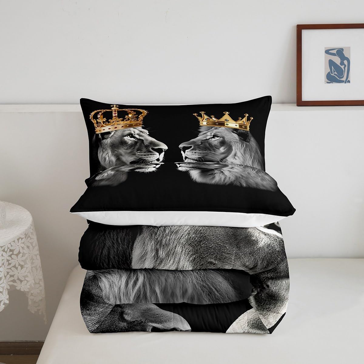 Juego de edredón de animales de león salvaje, tamaño King, edredón dorado de corona King y Queen para decoración de dormitorio, juego de edredón de