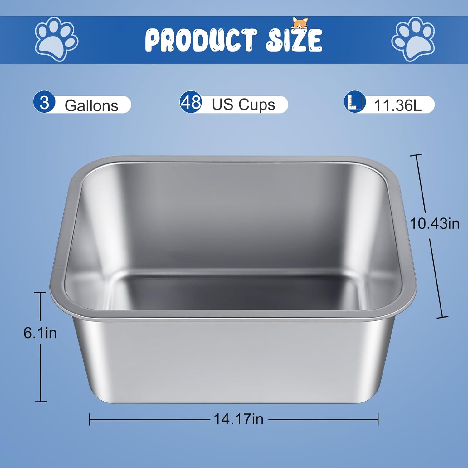 Bwogue Cuenco de agua extra grande para perros, 3 galones, acero inoxidable, duradero, de alta capacidad, estructura rectangular, fuerte
