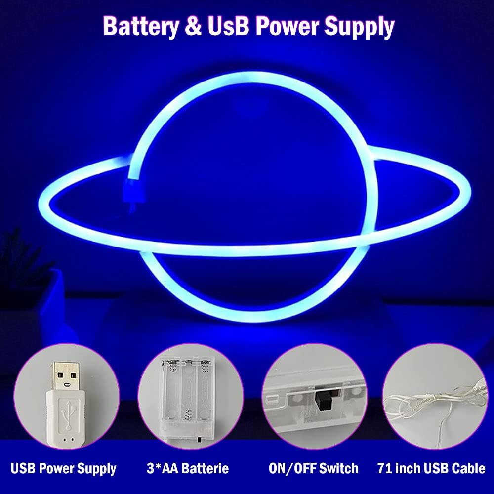 Lámpara de neón de planeta, lámpara de letreros de neón LED, fuente de batería, tira de luz de neón flexible, luz decorativa para colgar, luz