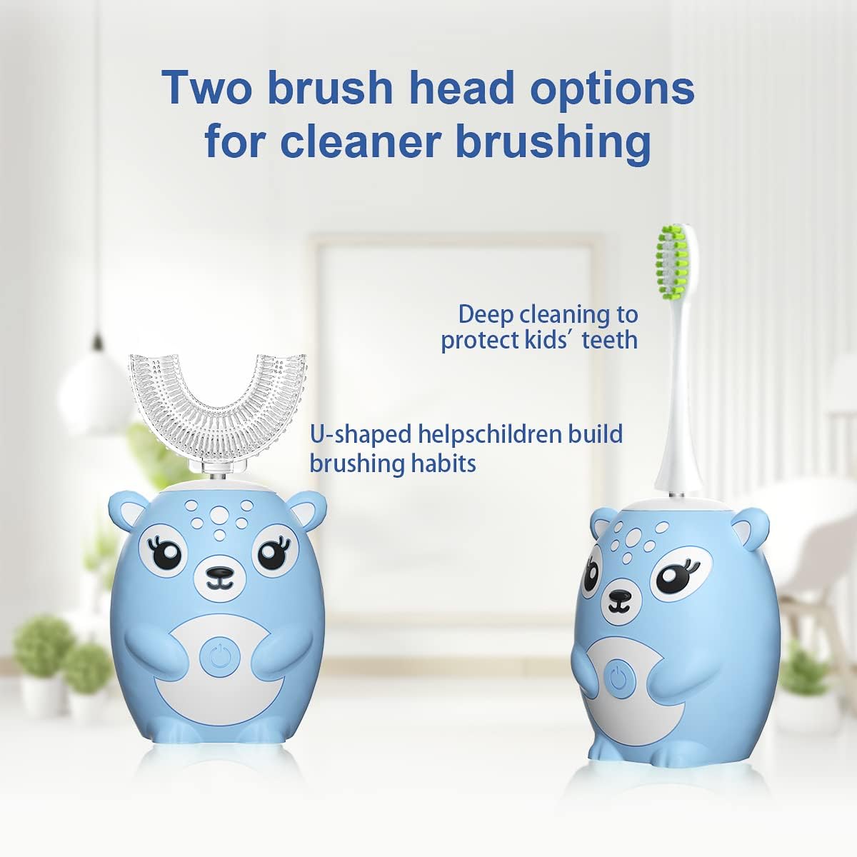 Kids Electric Toothbrushs U Shaped sonic Automatic Toothbrush with 4 Brush Heads, Six Cleaning Modes,Cartoon deer Modeling , full mouth toothbrush