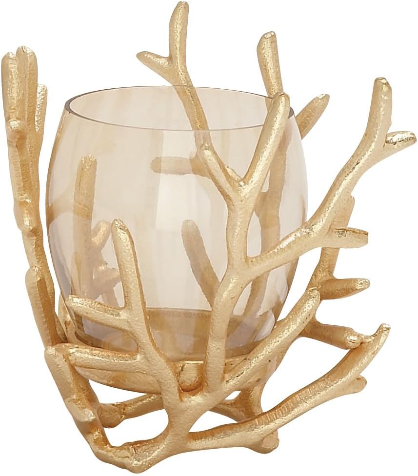 Deco 79 Lámpara de aluminio para huracán de pilar con diseño coral, 5 “x 5” x 6 “, oro